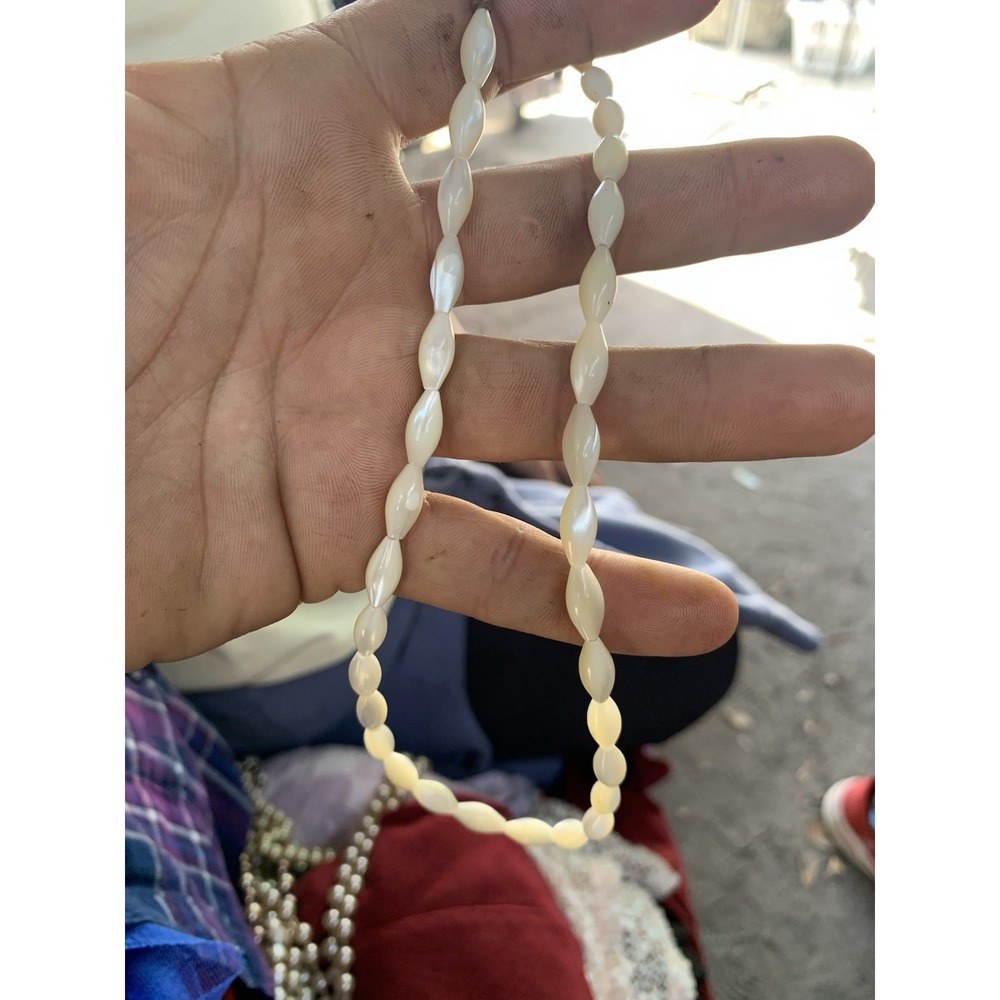 White Mother of Pearl MOP Shell Rice Bead 24" Necklace Marquise Shaped Vintage